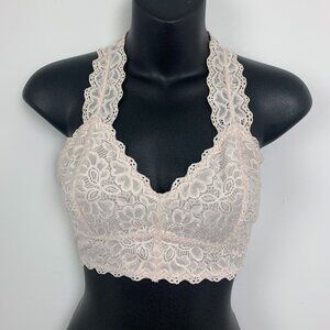 Black Bow Lace Halter Bralette Sz M Blush Pink Racerback Sexy Coquette Womens